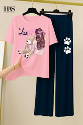 Bear  Love Lady  Printed Nightwear Set with Bear Trouser – Women's Lounge Wear Clothing By Has